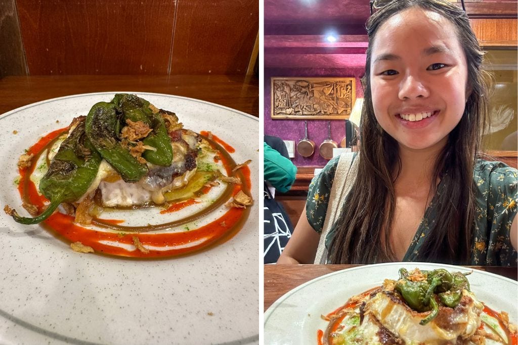 Two pictures. The left picture is a dish Kristin ate while in San Sebastian and the right picture is Kristin smiling with her food!