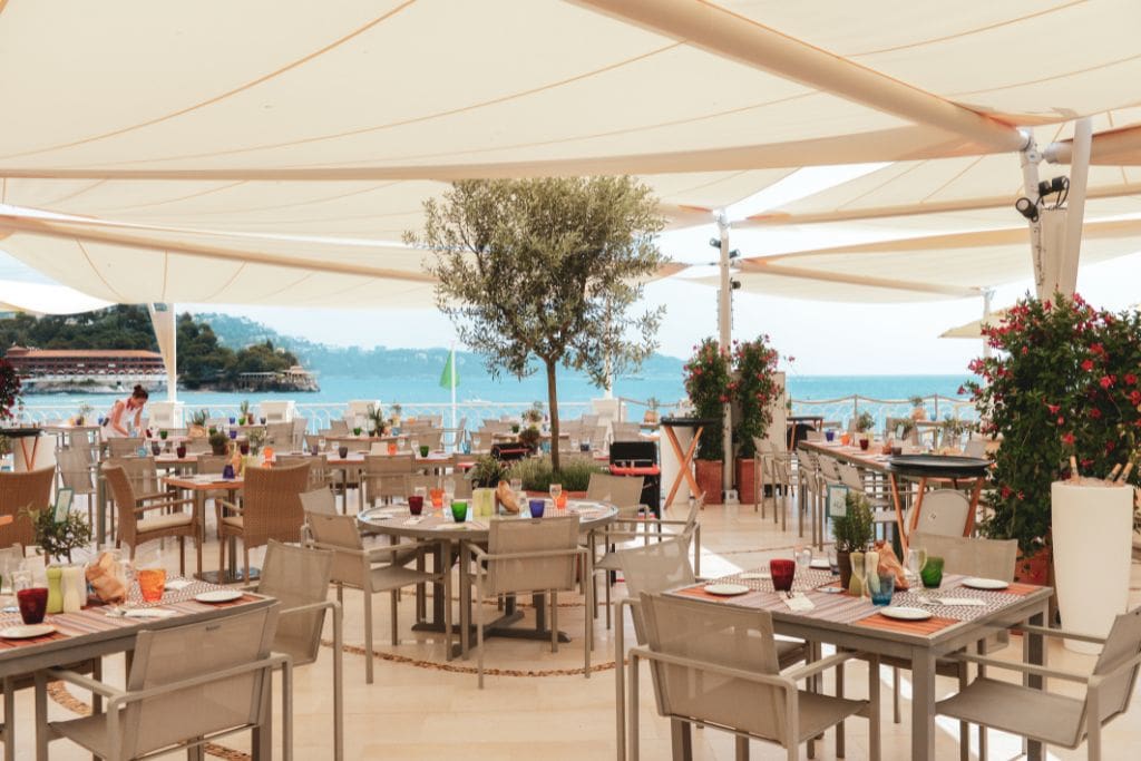 A picture of outdoor restaurant, Las Brias, which is located in the Monte Carlo Bay Hotel & Resort, a 4-star hotel in Monaco.