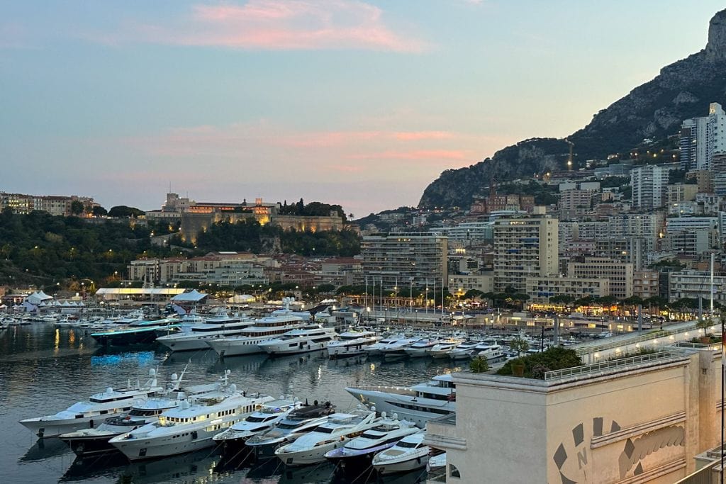 A picture of Port Hercule at sunset. If you can't afford a 5 star hotel in Monaco, there are some budget hotels, one of which is Hotel Miramar, which is next to Port Hercule.
