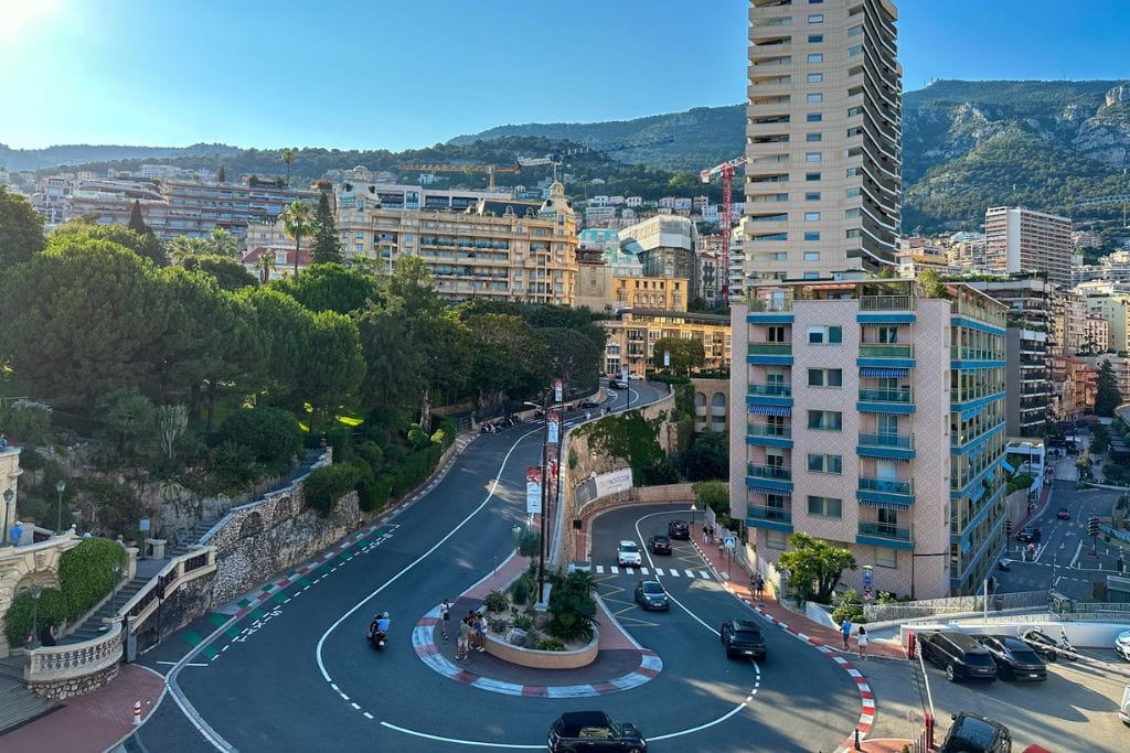 A picture of the iconic Fairmont hairpin curve that can be seen from the rooftop of the Fairmont, one of the most famous hotels in Monaco.