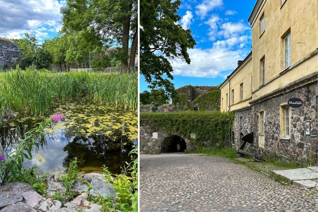 Two pictures that Kristin took while visiting Suomenlinna in Helsinki. The left picture is of a small pond with flowers and water lilies, while the right picture is of a museum and some tunnels.
