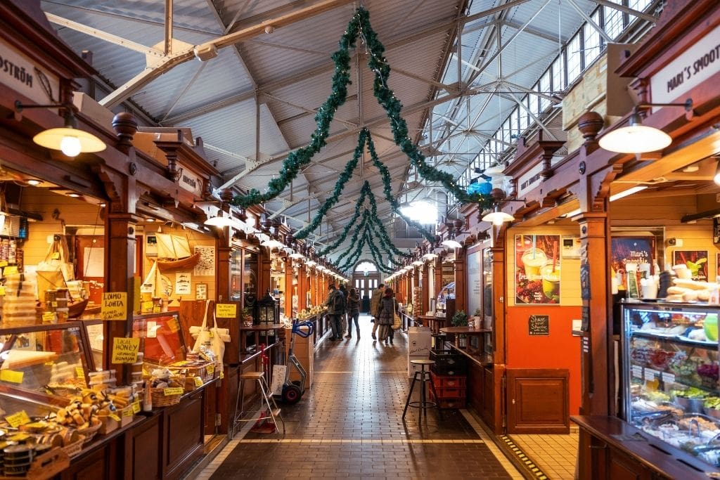 A picture of the stalls at Old Market Hall in Helsinki around Christmas Time