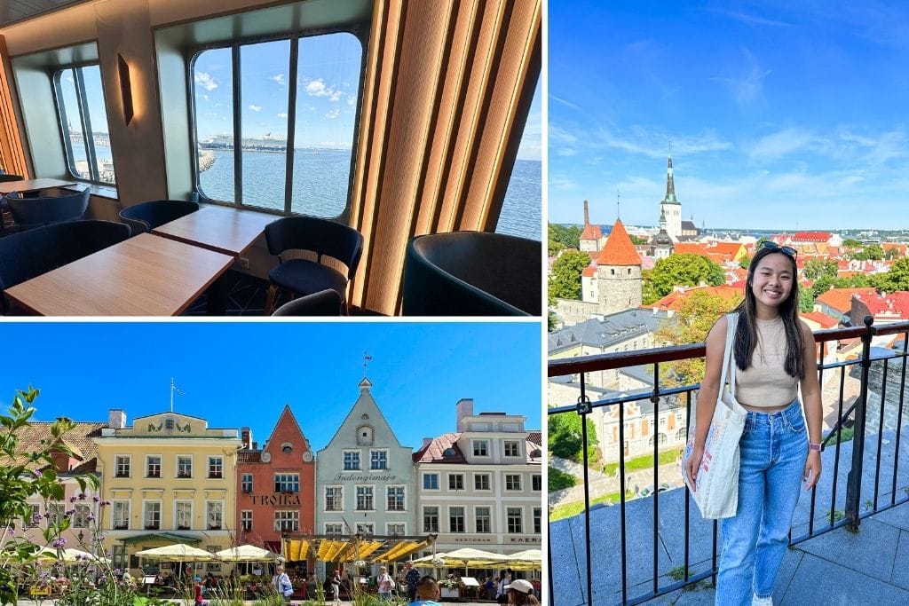 Three pictures. The upper left picture was taken from the inside of the boat as Kristin made her way to Tallinn from Helsinki. The lower left picture is of Tallinn's Town Hall Square and it's colorful buildings. The right picture is Kristin with the fairytale town of Tallinn behind her.