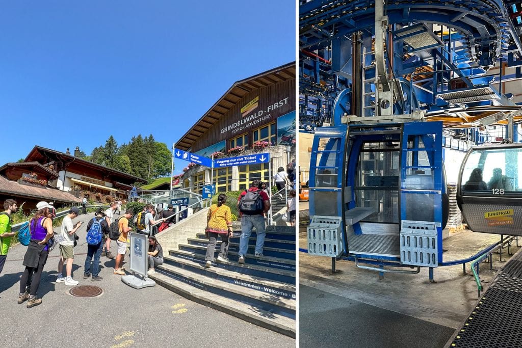 Two pictures. The left picture is of the on-site line to purchase gondola tickets for Grindelwald First. The right picture is of the actual gondolas.