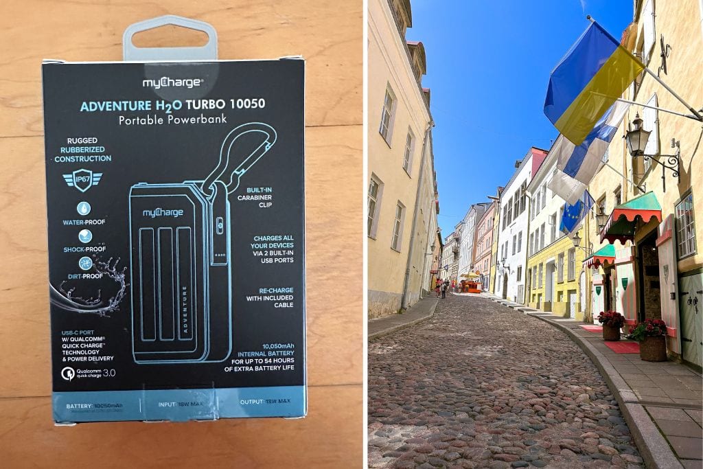 Two pictures: The right picture is of the portable battery that Kristin brings with her when she travels. The right picture is of a steep, cobblestone street in Tallinn. Remember to bring a portable battery for your phone and to wear comfortable walking shoes on your day trip from Helsinki to Tallinn.