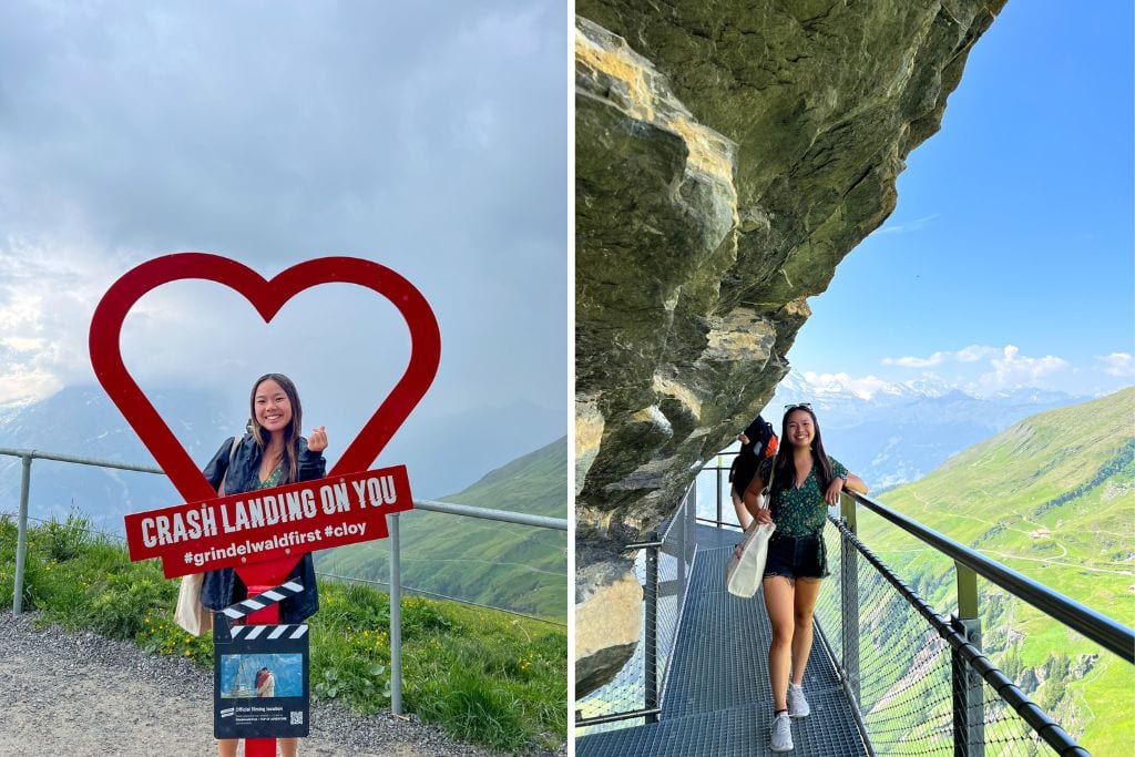 Two pictures. The left picture is Kristin posing in front of the Crash Landing on You heart and the right picture is Kristin standing on the First Cliff Walk. If you love the kdrama Crash Landing on You, visiting Grindelwald is likely worth it to see all the filming sites!