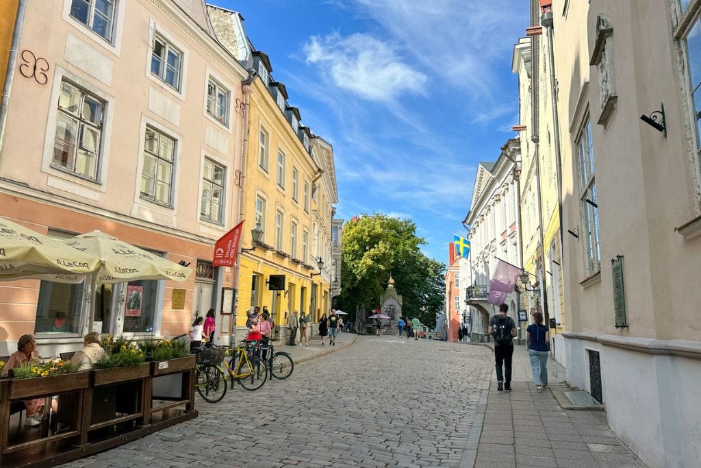 A picture of Tallinn's Pikk Street on a sunny day. Summer is a fabulous time to do a day trip from Helsinki to Tallinn by ferry.