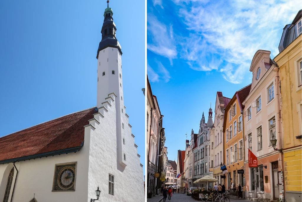 Two pictures. The left picture is of the Holy Spirit Church in Tallinn and the right picture is of Pikk Street.