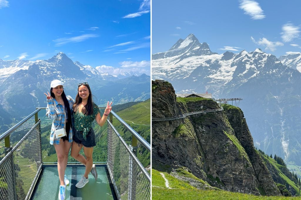 Two pictures. The left picture is Kristin and her friend posing on the terrace that stretches out from First summit and the right picture is a far away picture of the platform with the snow-capped mountains in the background. The stunning alpine views is another reason I think many will find Grindelwald worth visiting.