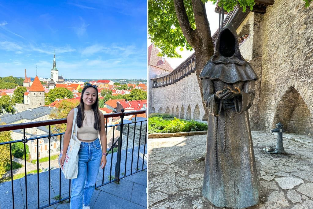 Two pictures: the left picture is Kristin at the Patkuli Viewing Platform in Tallinn. The right picture is one of the bronze statues that you can find in the Danish King's Garden.