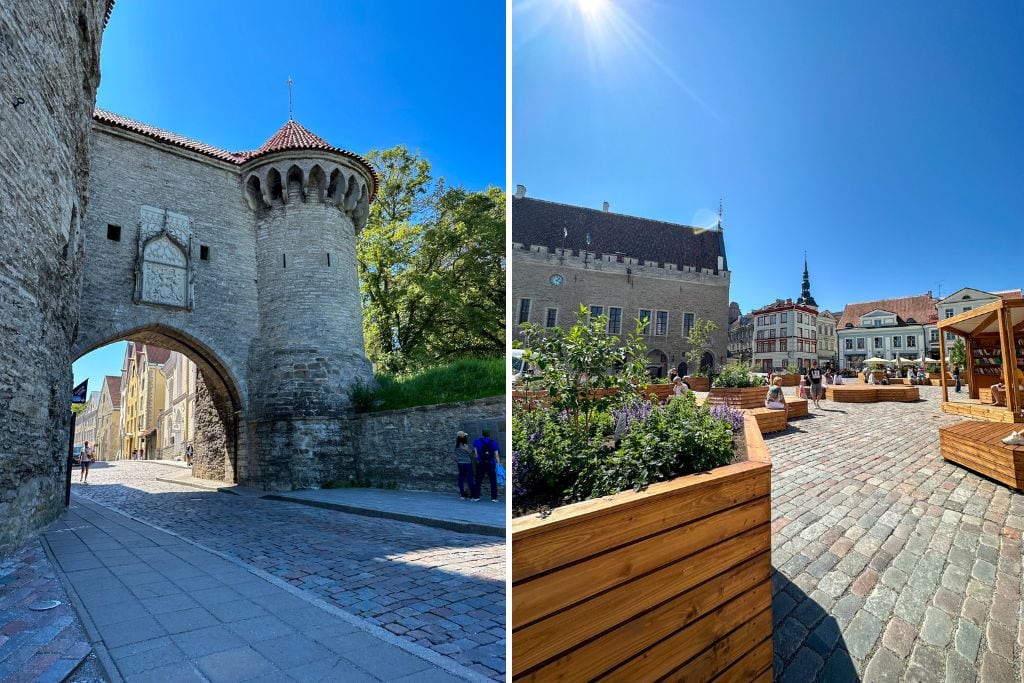 Two pictures. The left picture is of a stone gate that's at the entrance to Pikk Street. The right picture is of Town Hall Square.