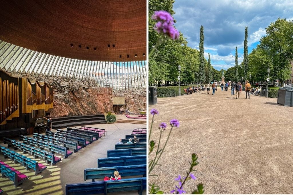 Two pictures. The left picture shows the inside of Temppeliaukio Church while the right picture shows the walkway at Esplanadi park.