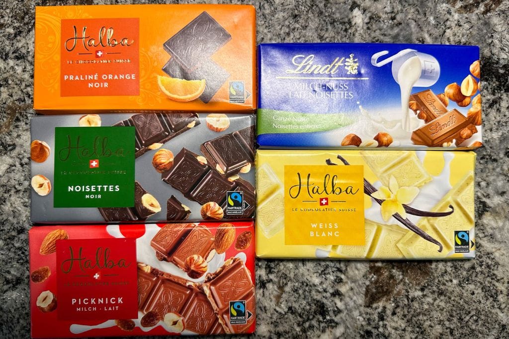 A picture of 5 different Swiss chocolate bars.