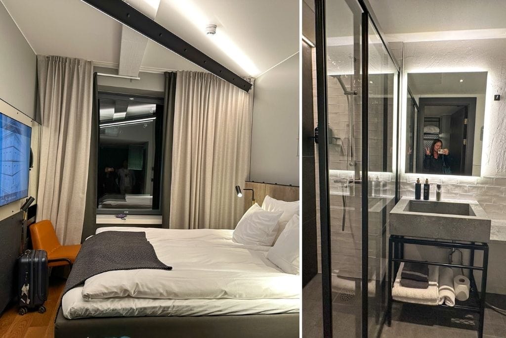Two pictures of Kristin's hotel room at Hotel Mestari in Helsinki. The left picture is of the main bedroom area and the right picture is of the bathroom. The room has dark and rich colors.