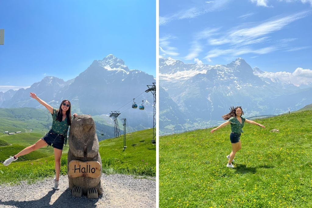 Two pictures. The left picture is Kristin posing with a wooden marmut and the right picture is Kristin twirling in the grass at Grindelwald First.
