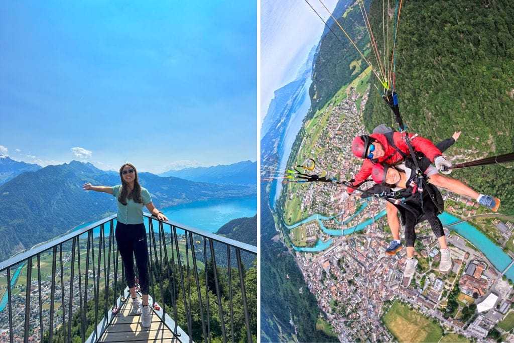 Two pictures. The left picture is Kristin at the viewing deck at Harder Klum and the right picture is Kristin paragliding.