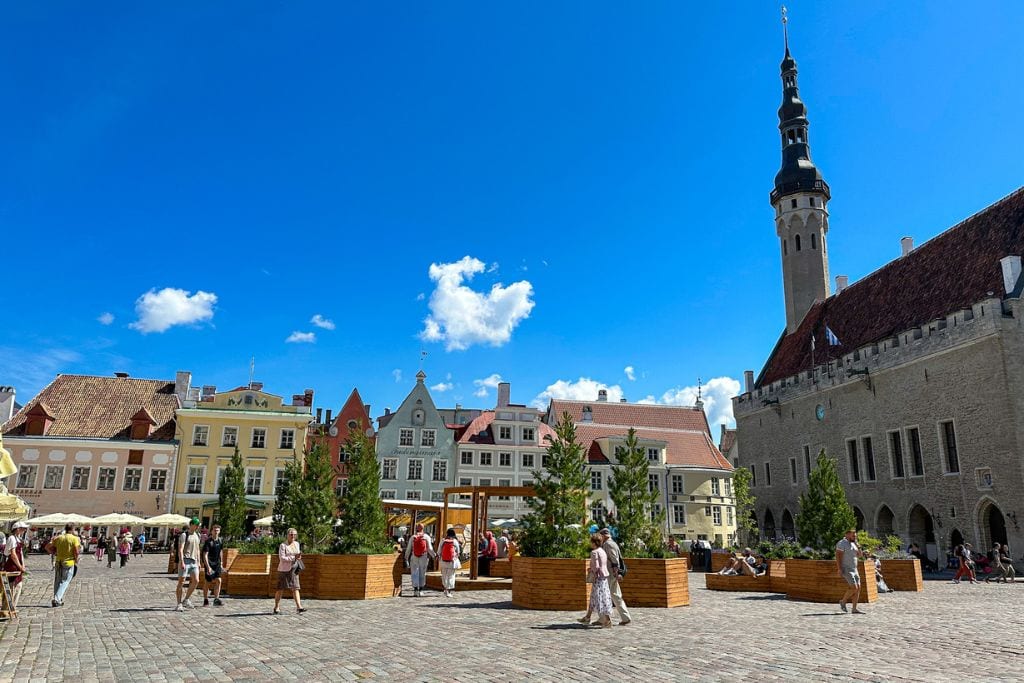 A picture of Raekoja Plats or Town Hall Square. If you get hungry during your day trip to Tallinn, you'll find several restaurants with patios around the square.