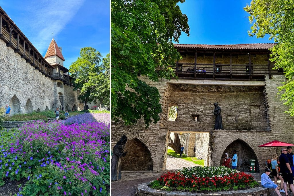 Two picture's of the Danish King's Garden. The left picture shows the bright purple flower beds while the right picture shoes two of the bronze monks.