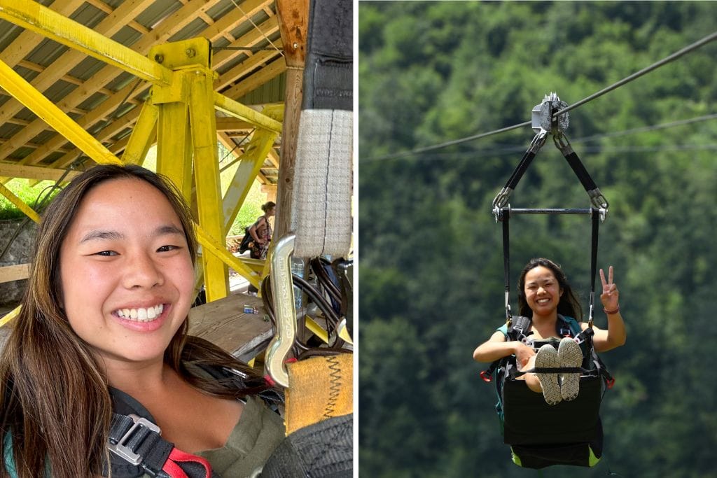 Two picture of Kristin. The left picture is of her getting ready to zipline and the right picture is of her ziplining.