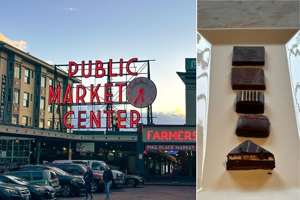 Two pictures. The left picture is of the iconic Public Market Center sign  and the right picture is chocolates I tasted during a chocolate tasting tour in Seattle.