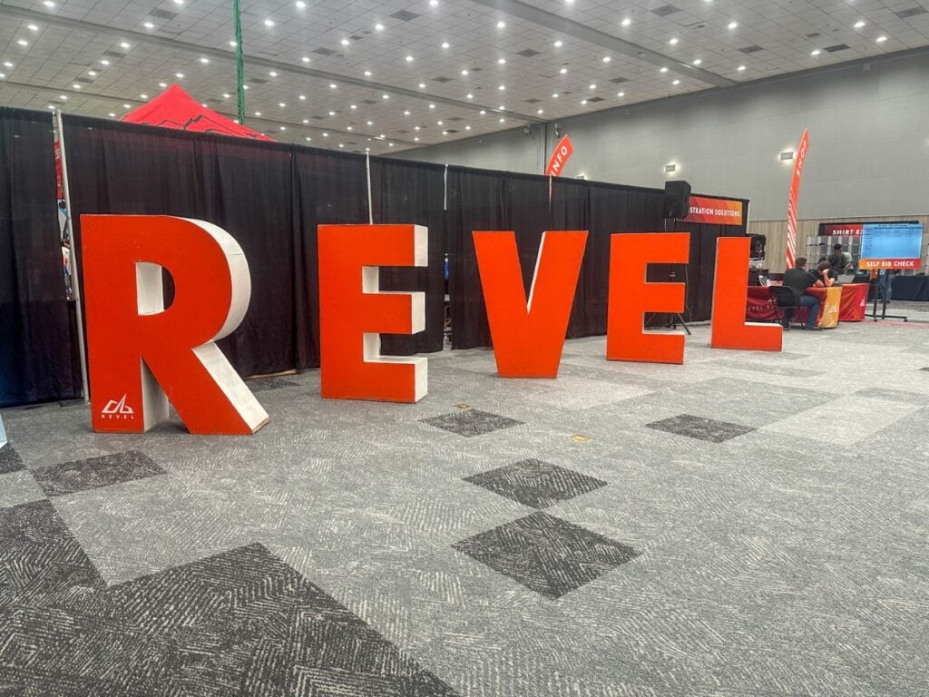 A picture of the giant blog letters spelling out "REVEL" at the expo.