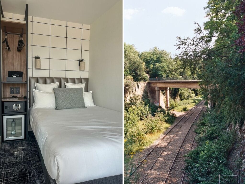 Two pictures. The left picture shows the shelving and mini fridge next to the bed. The right picture is of La Petite Ceinture in Paris.