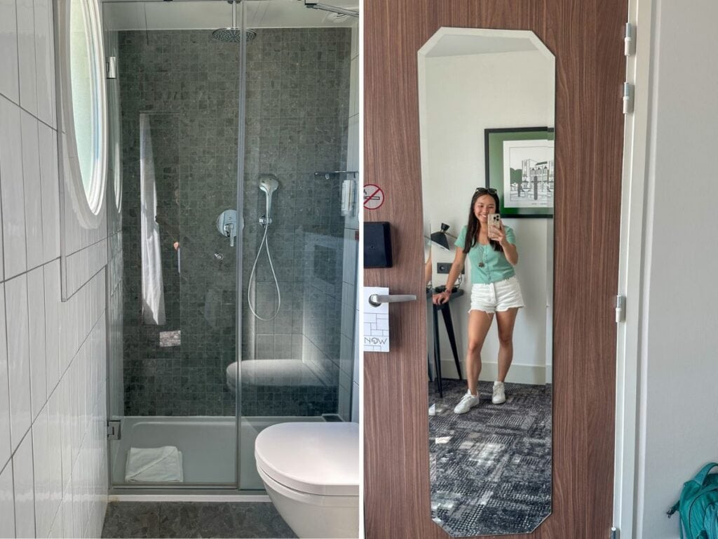 Two pictures. The left picture is of the small but nice bathroom. The right picture is of Kristin standing in front of the mirror in her room at the Hotel.