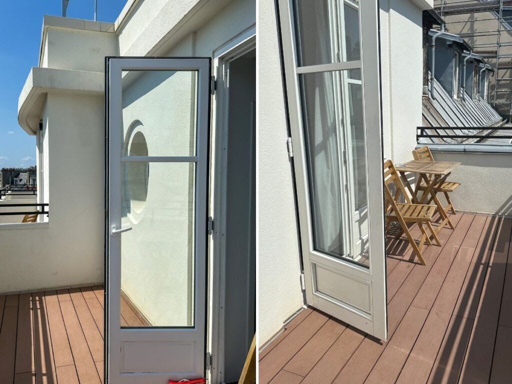 Two pictures. The left picture shows the balcony door with the handle to go from the room to the balcony. The right picture shows the balcony door with no handle to get back into the room!