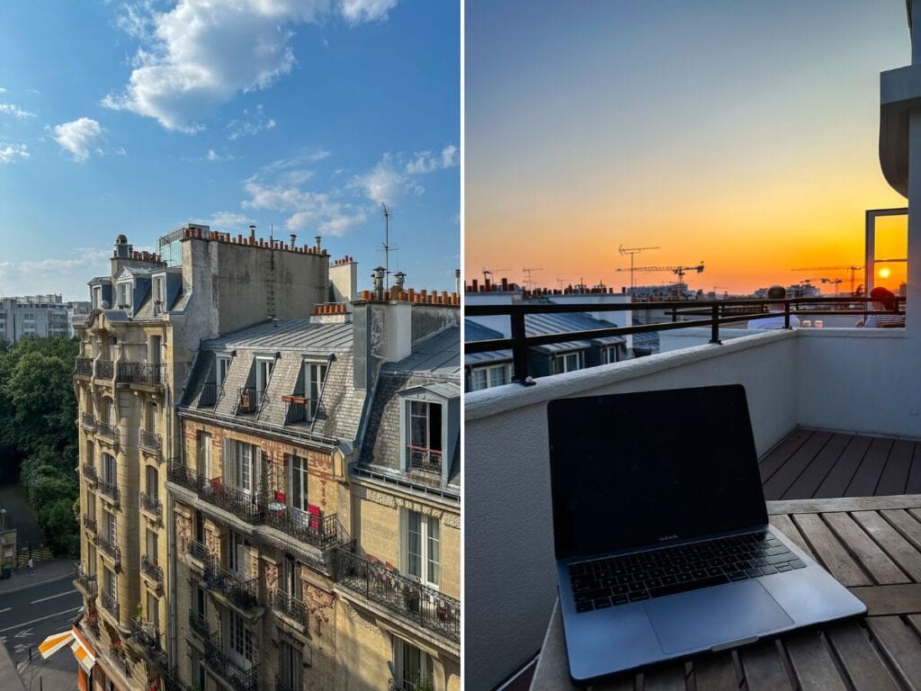 Two pictures taken from the balcony at Hotel Moderniste in Paris. The left picture shows the architecture of the nearby buildings. The right picture is of the sunset while Kristin was working.