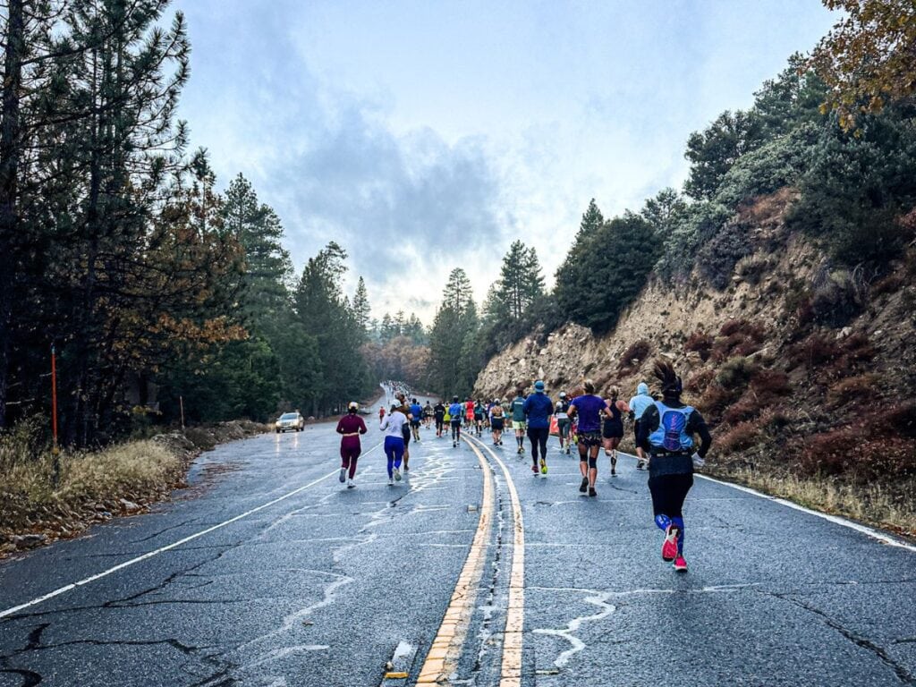 A picture of the natural scenery and wet roads during the first couple of miles of the Revel Big Bear Marathon