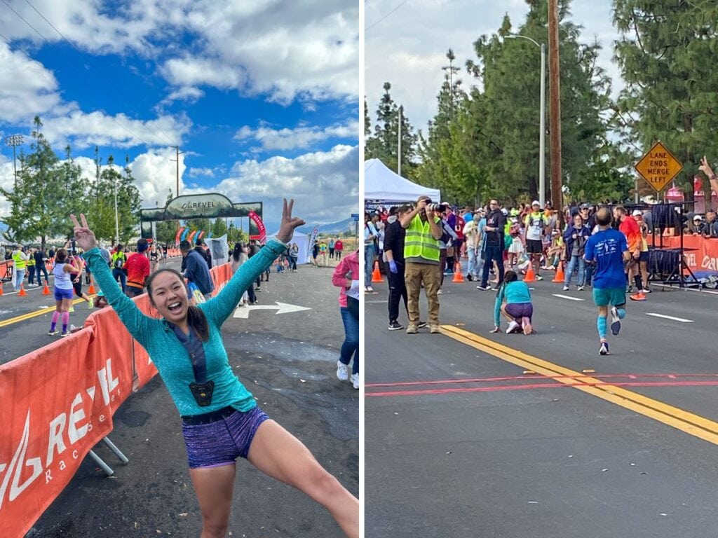 Two pictures. The left picture is Kristin very happy with her medal from the marathon and the right picture is Kristin on the floor after crossing the finish line.