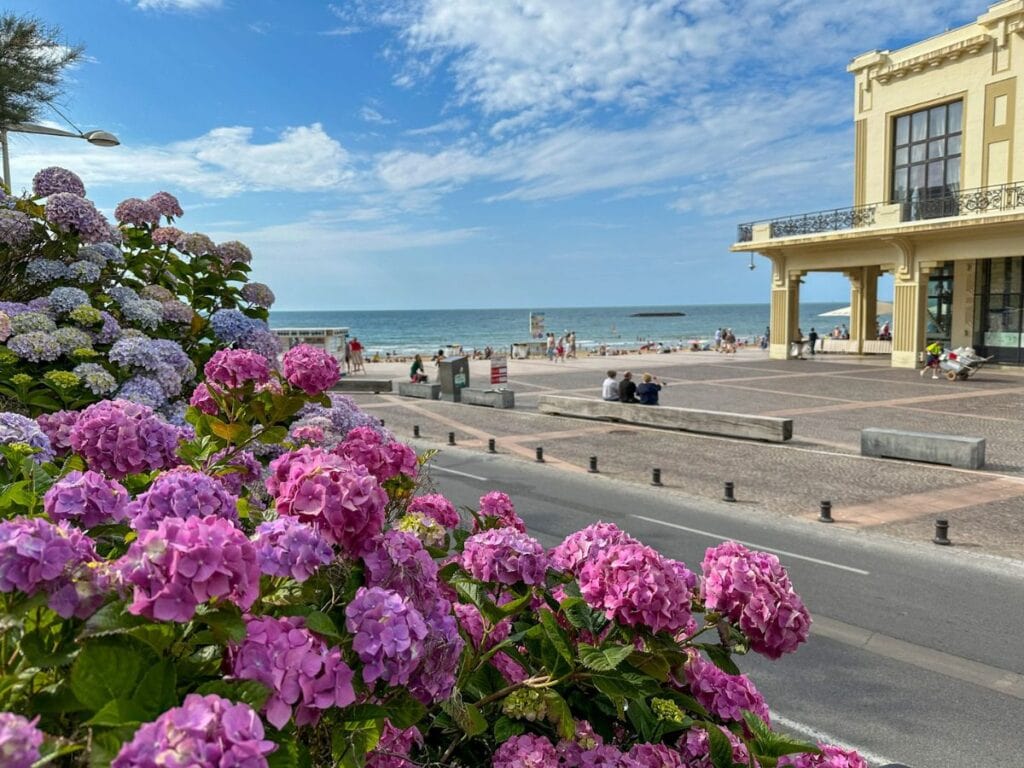 A picture of beautiful flowers with Casino Barrière in the background. Consider doing a walking tour with a local to help make the most of your 2 days in Biarritz.