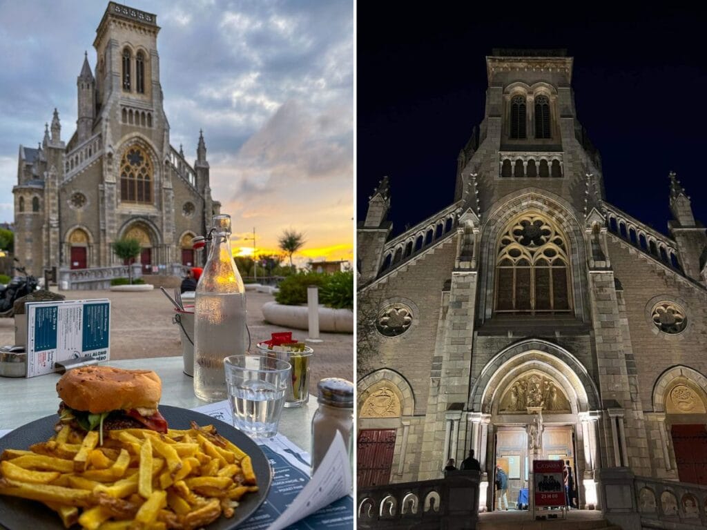 Two pictures of Sainte Eugenie Church. The left picture is at sunset and the right picture is at night.