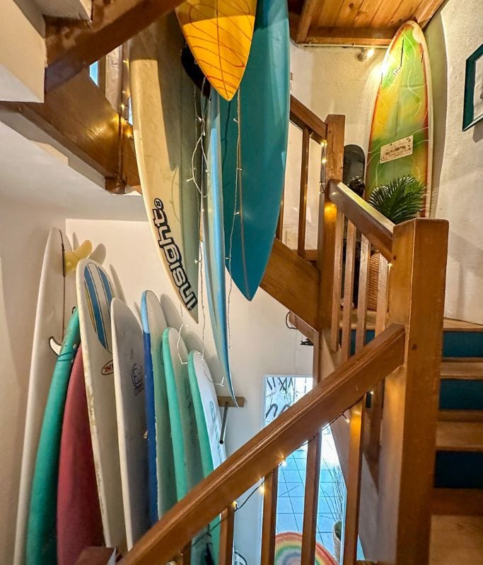 A picture of the surfboards available for use at Biarritz Surf Hostel.