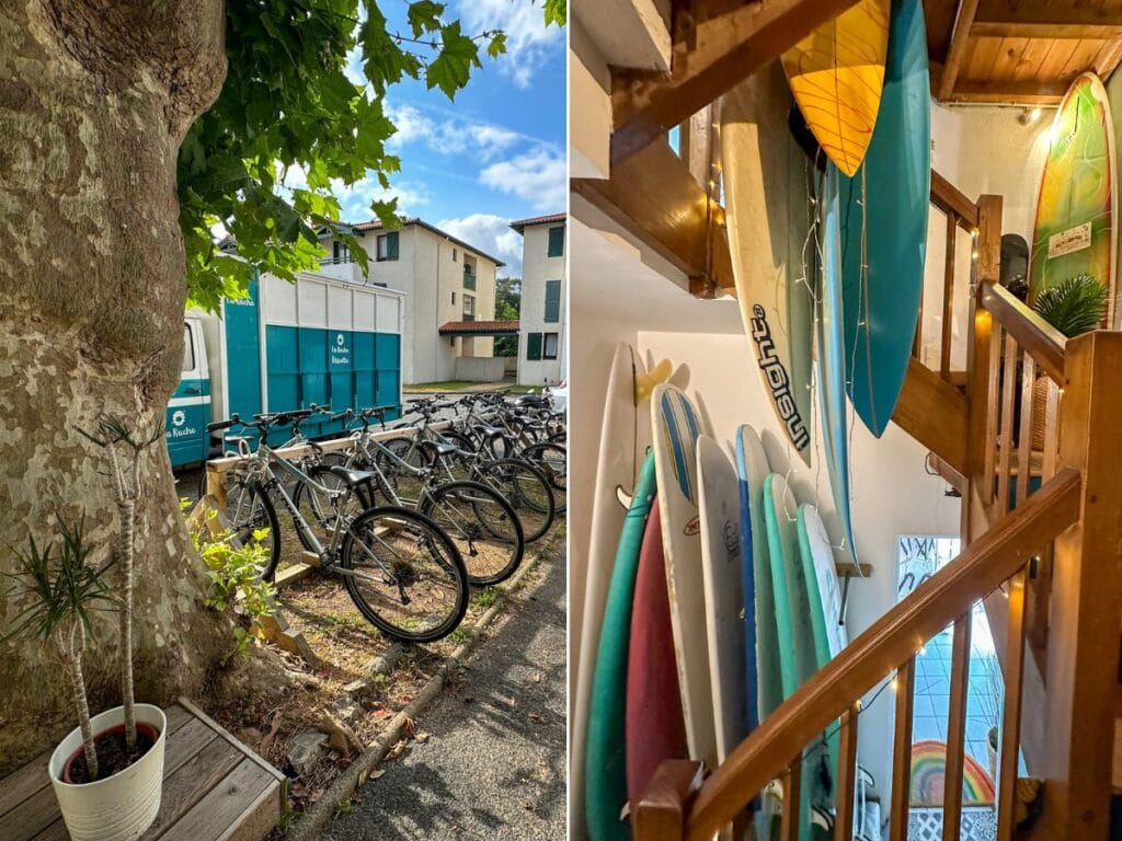 Two pictures. The left picture is of the bikes you can rent at the Biarritz Surf Hostel and the right picture is of the surfboards available for use at Biarritz Surf Hostel.