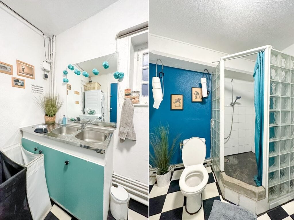 Two pictures. The left picture is of the sink area and the right picture is of the shower and toilet area.