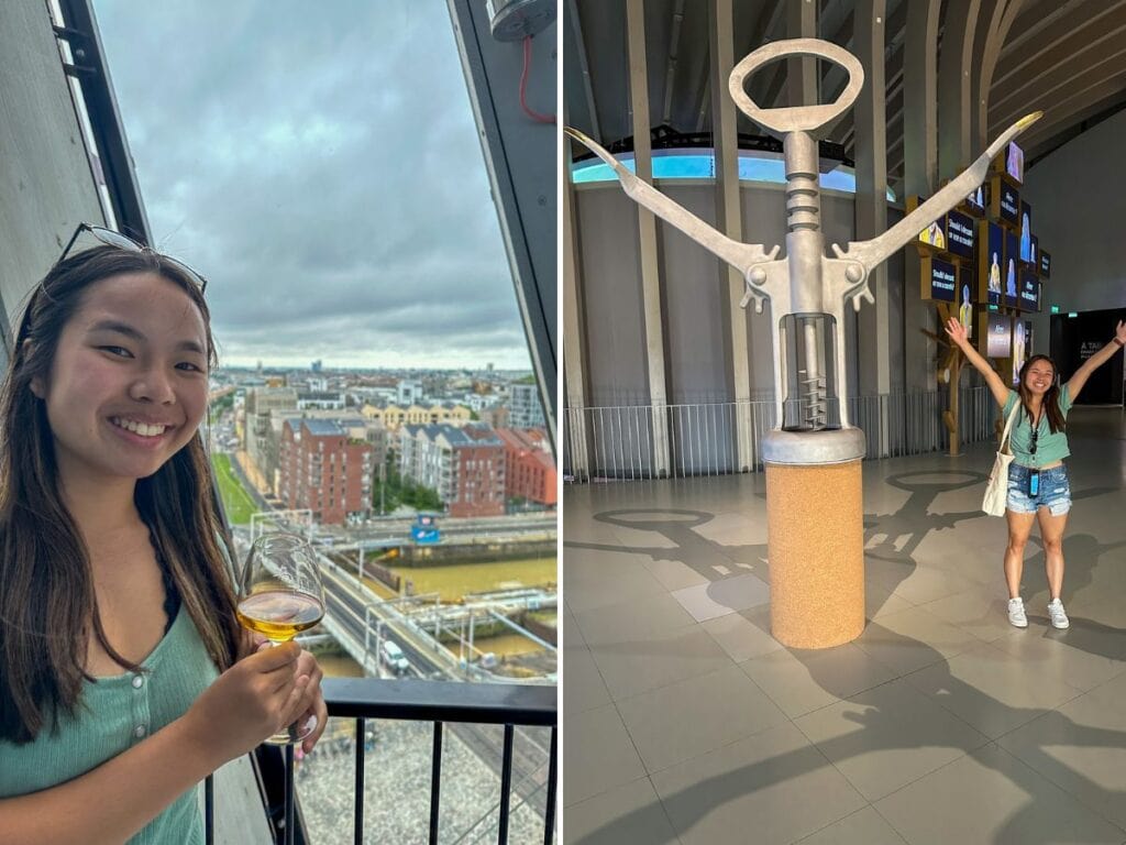 Two pictures of Kristin at the Cite du Vin in Bordeaux. The left picture is of her holding a glass or wine on the top floor and the right picture is of her posing like a wine cork!