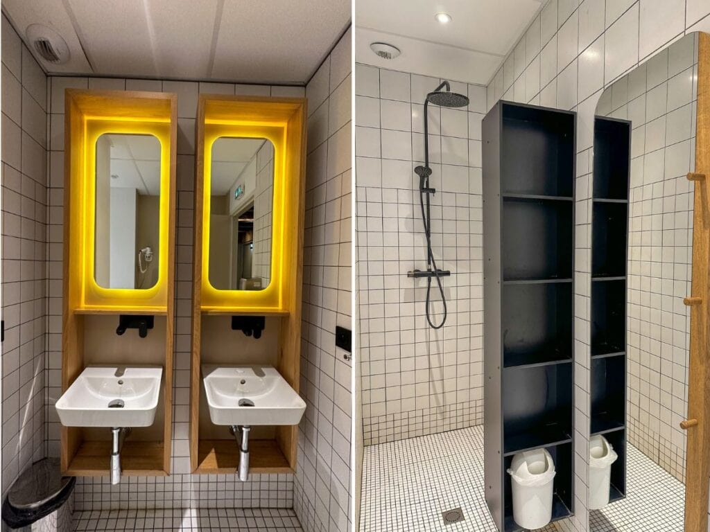 Two pictures of the bathrooms at Central hostel Bordeaux. The left picture is of the sinks and the right picture is of the big shower space.