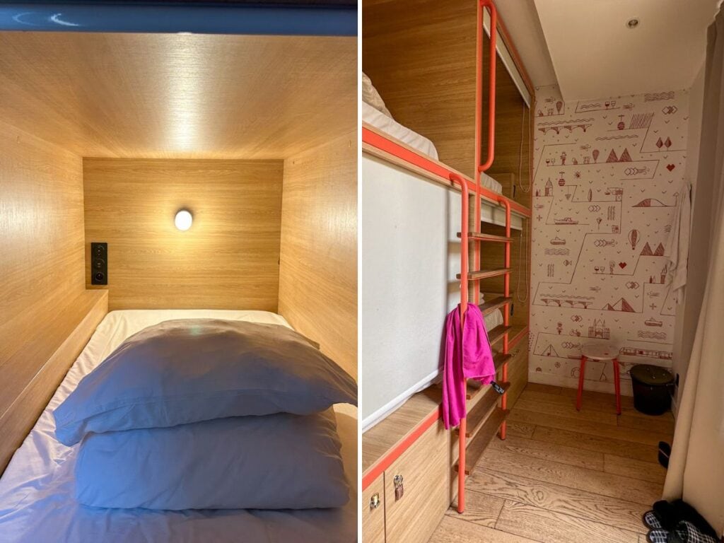Two pictures. The left picture is of a bed space in the room and the left picture is a zoomed out picture of  a shared room space at Central Hostel Bordeaux.