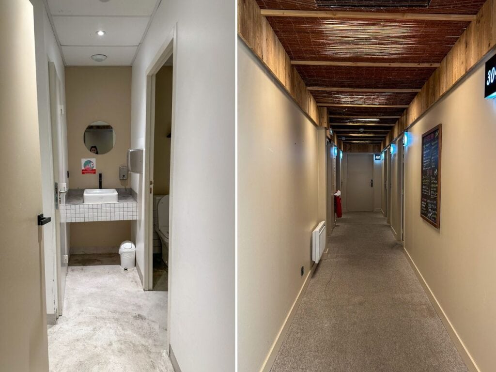 Two pictures. The left picture is of the room with the toilets and the right picture is of the hallway at Central Hostel Bordeaux.