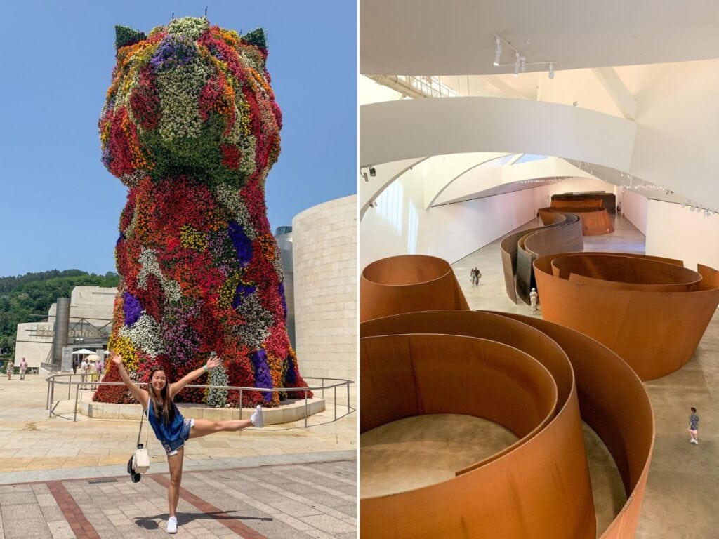 Two pictures. The left picture is Kristin posing in front of a towering flower dog statue. The right picture is of one of the exhibits inside the Guggenheim museum.