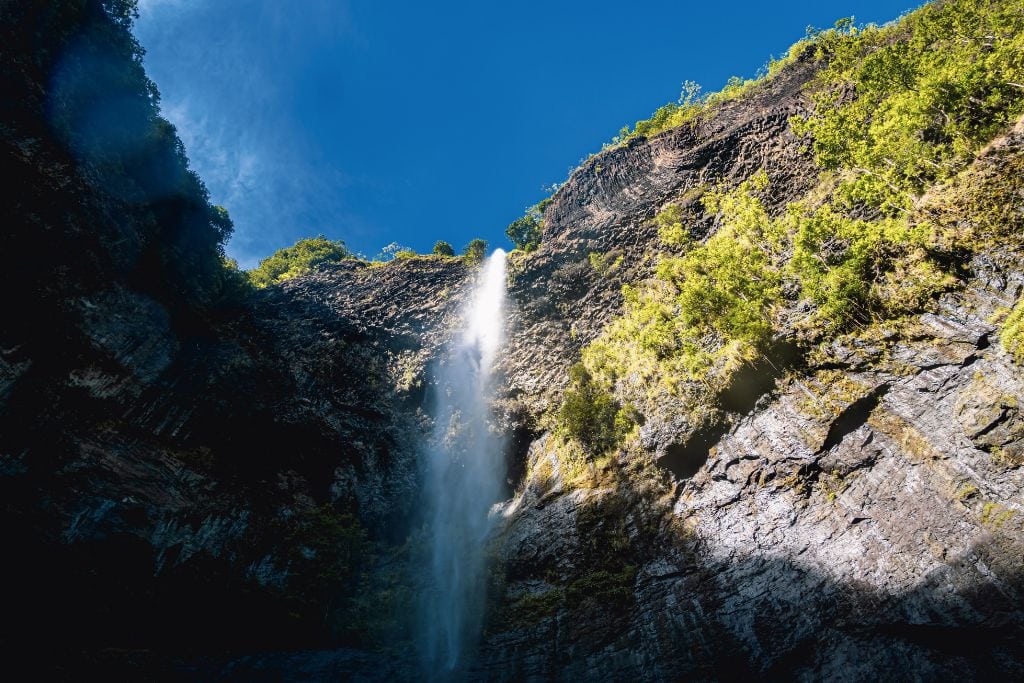 A picture of the upper half of Fautaua Waterfall in Fautaua Valley.