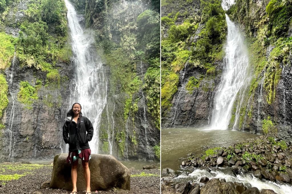 Two pictures of Vaimahutu waterfall. The left picture is of Kristin standing in front of the waterfall and the right picture is of just the waterfall.