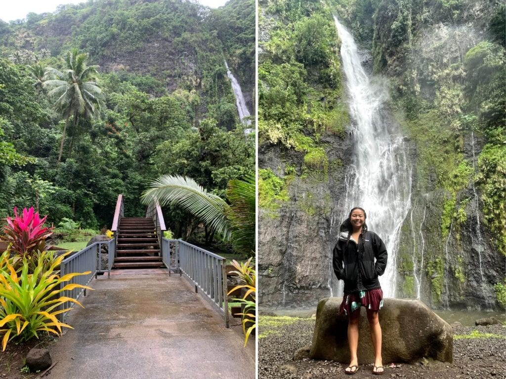 Left: a picture of the entrance to the three waterfalls of Faarumai. Right: A picture of Kristin standing in front of waterfall in Tahiti!