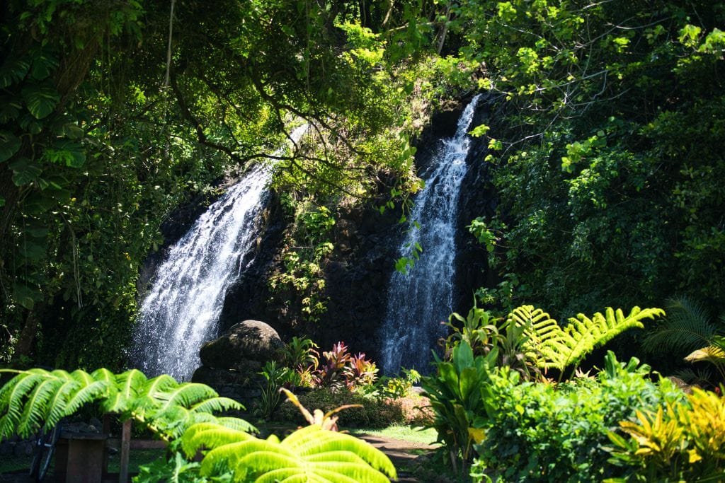 A picture of the Hidden Vaihi Waterfalls on the eastern side of Tahiti.
