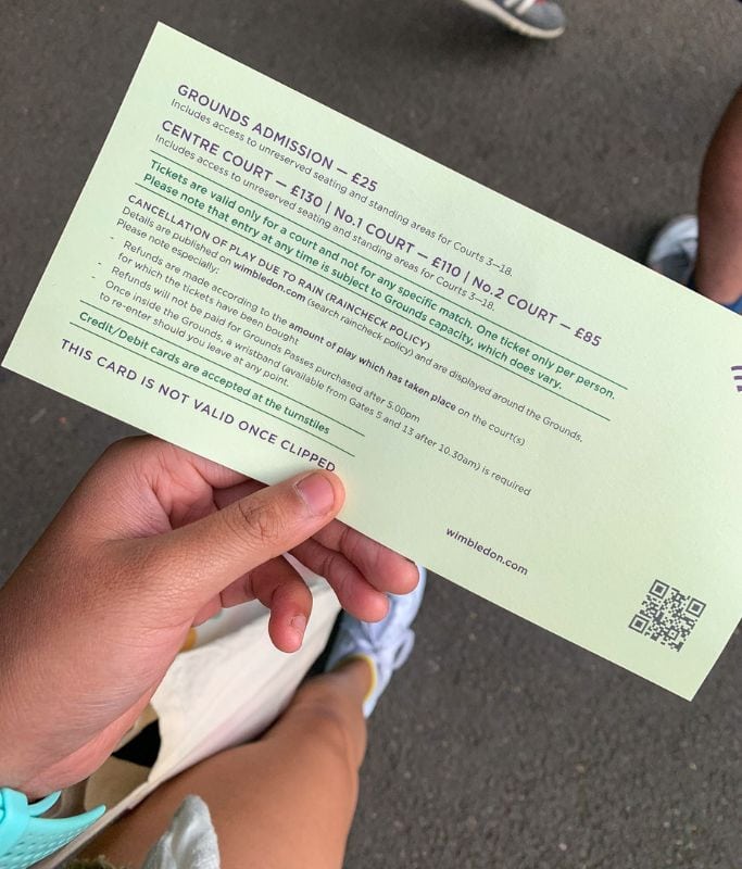 A picture of the back of my Wimbledon queue card, which lists all the rules and ticket prices.