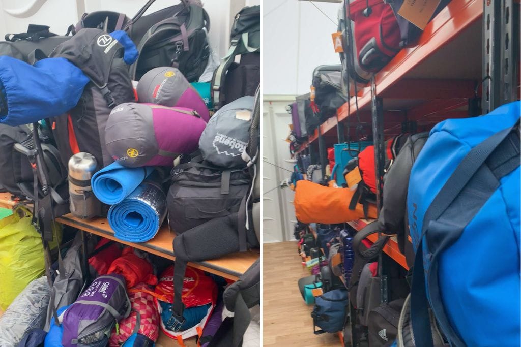 Two pictures taken in the storage room in Wimbledon Park. The left picture is of the donation pile that contains equipment past queuers left behind for future queuers. The right picture is of equipment people wanted to be stored until they can retrieve it.
