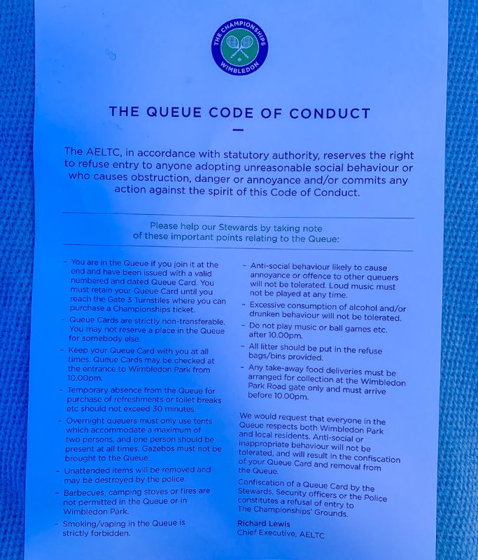 A picture of the official Wimbledon queue code of conduct that every queuer receives upon arrival at Wimbledon Park.