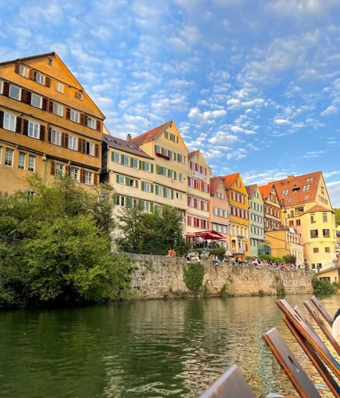 A picture of the colorful buildings taken while punting down the Neckar River. Punting is another fantastic thing to do during your visit to Tubingen.