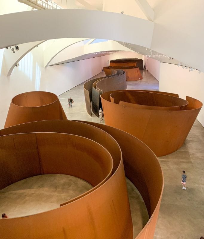 A picture of one of the massive art installations in the Guggenheim Museum in Bilbao.